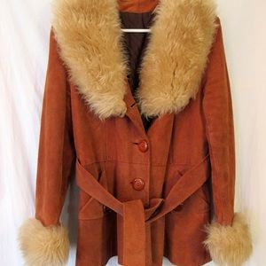 Vintage Suede belted coat with shearling collar and cuffs-